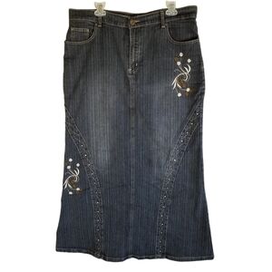 Cal Fashion Womens Denim‎ Skirt 36 Blue Flare Midi Flower Embroidered Beaded